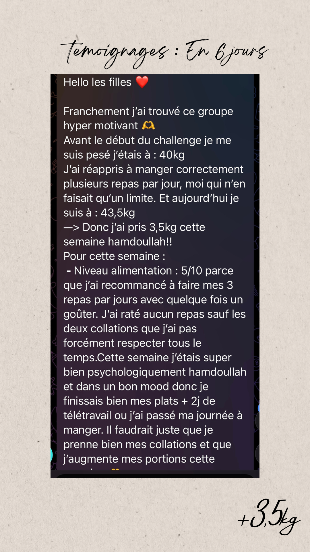 Témoignage +3,5kg en 6 jours